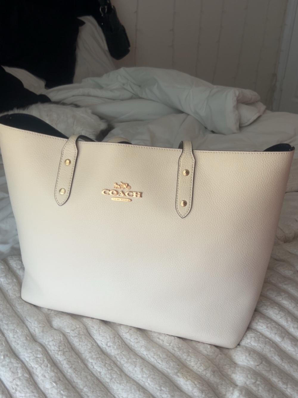 Coach Cream Pebbled Leather Tote with Gold Hardware